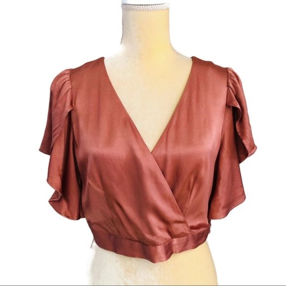 & Other Stories Tops - New & Other Stories faux wrap crossover flutter sleeve crop v-neck satin blouse